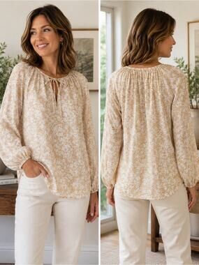 HAVER London Beige Floral Tie Neck Blouse Long Sleeve Boho Top Size Medium